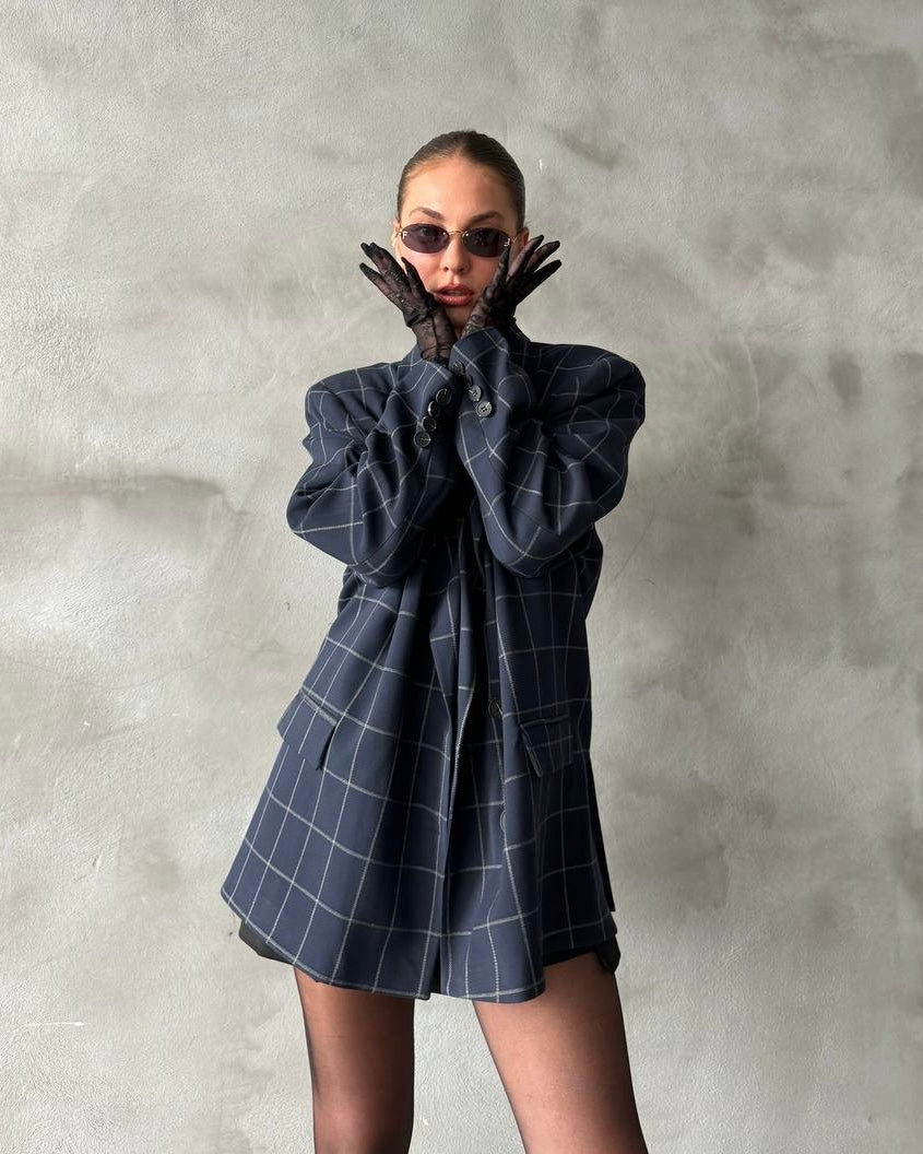 בלייזר משובץ אוברסייז כחול נייבי