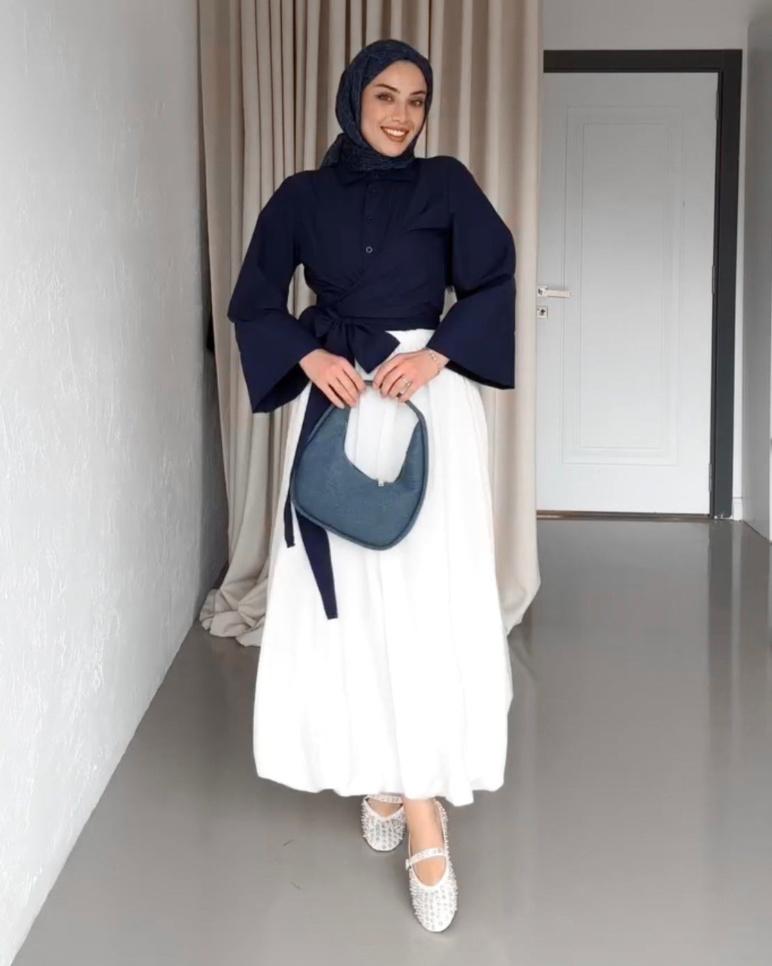 Navy Side Knot Wrap Top | توب كحلي ناعم بقصة لف وربطة جانبية