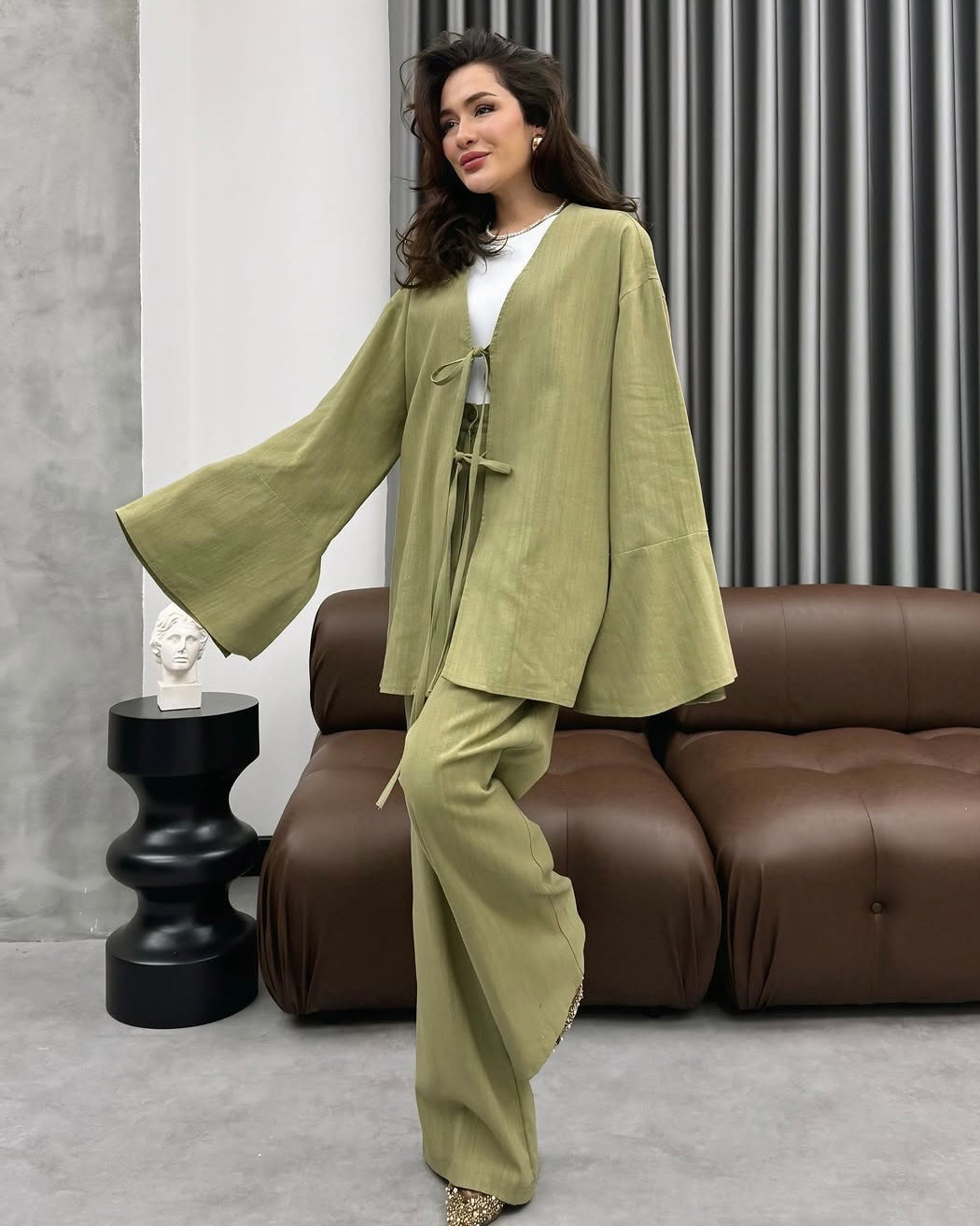 Pistachio Tie Front Casual Set | طقم فستقي كاجوال برباط أمامي