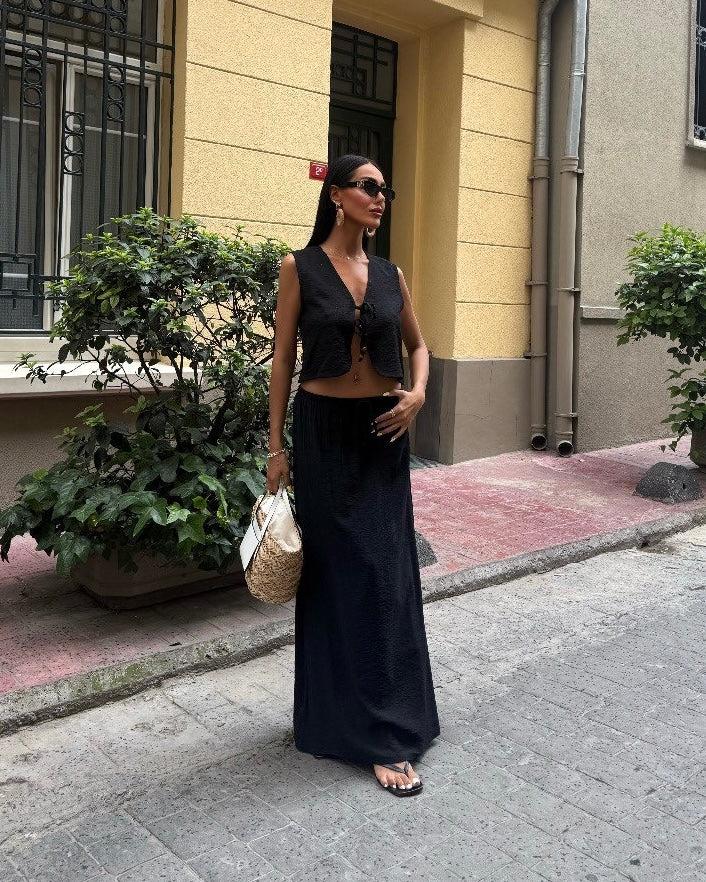 Black Boho Tie-Front Set | طقم بوهيمي أسود بربطة أمامية