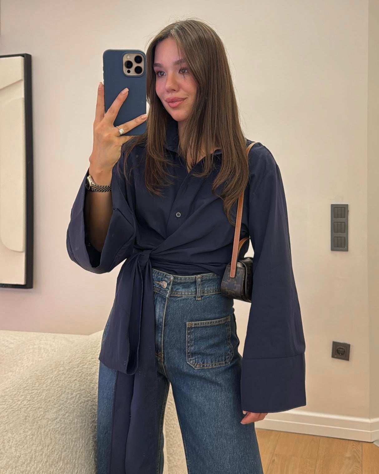 Navy Side Knot Wrap Top | توب كحلي ناعم بقصة لف وربطة جانبية