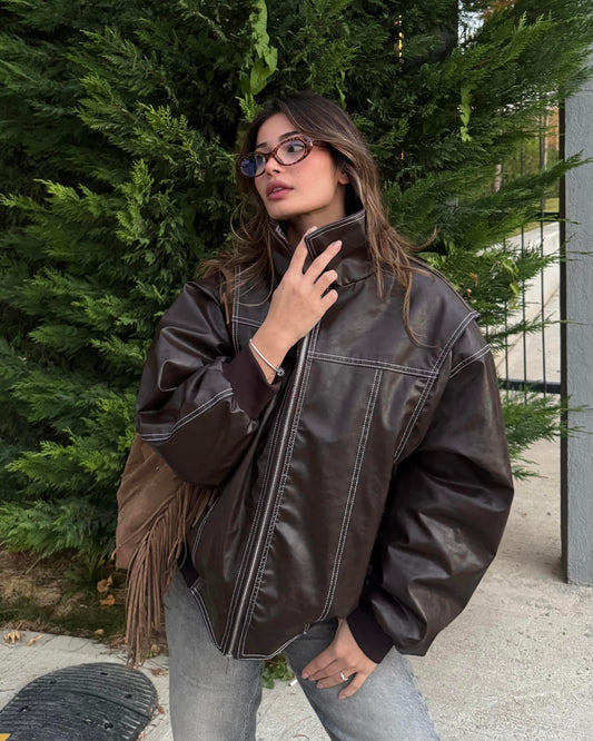 Timeless Brown Leather Bomber Jacket | جاكيت بومبر من الجلد باللون البني الكلاسيكي