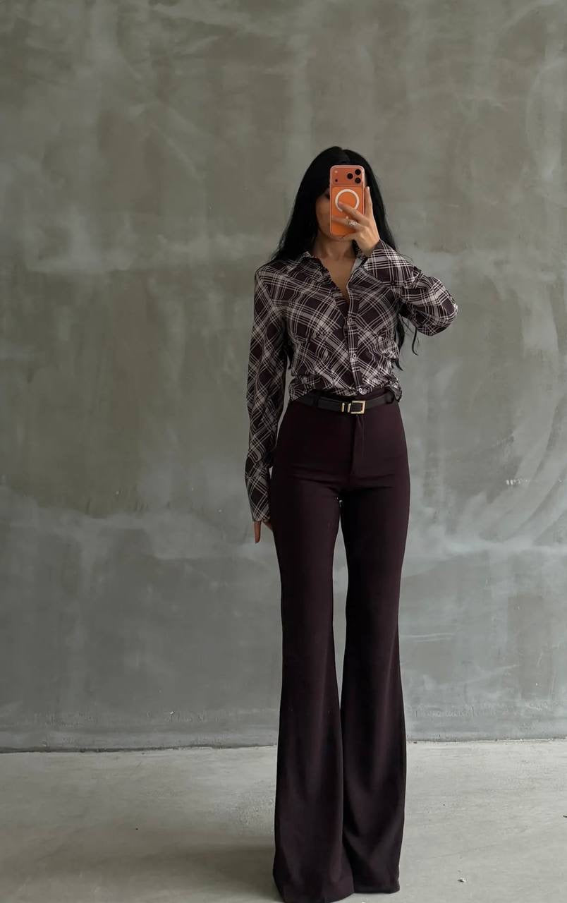 Brown flared trousers| بنطلون قماش باللون البني