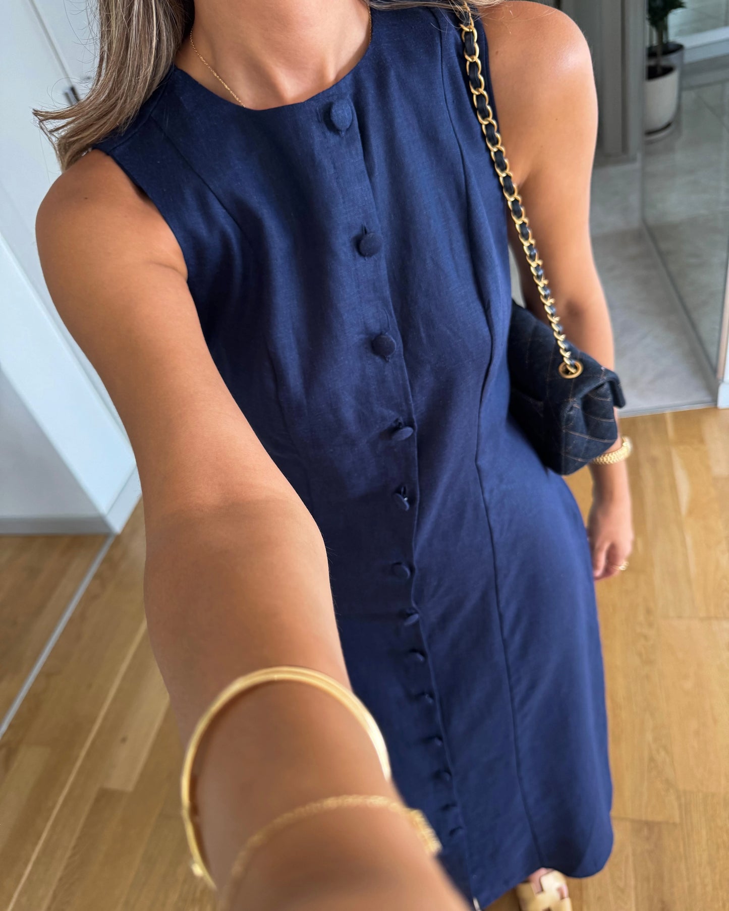 Navy Button-Down Linen Dress with Back Tie | فستان كتان كحلي بأزرار أمامية وربطة من الخلف