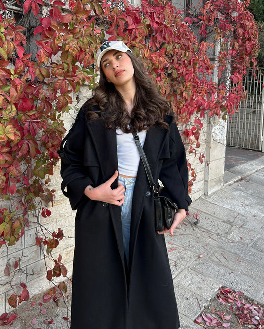 Black Wool Blend Coat | معطف صوف بخليط عالي الجودة