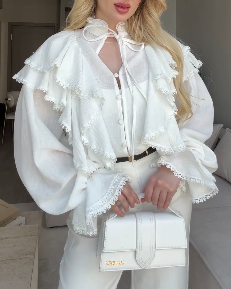 Brown Romantic Ruffle Blouse | بلوزة ناعمة بستايل بوهيمي باللون البني