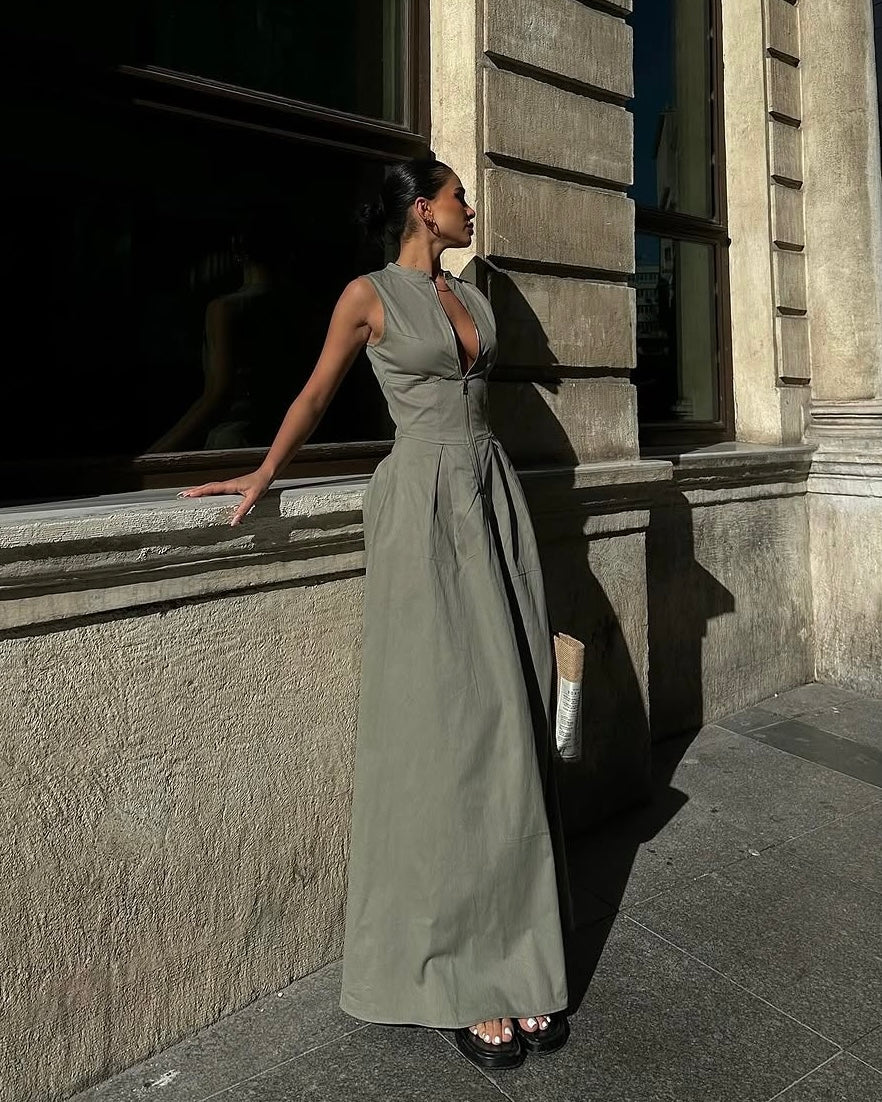 Elegant Muted Green Zip Dress | فستان زيتي أنيق بسحّاب أمامي