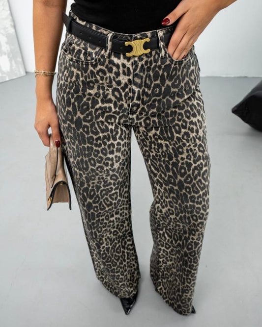 High-Waisted Leopard Print Wide-Leg Denim Jeans | جينز ليوبارد بخصر عالي وقصة واسعة