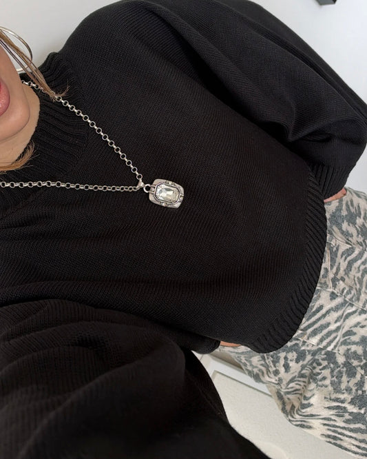 Black Oversized Knit Mock Neck Sweater with Wide Sleeves | بلوزة سودة بقصّة أوفرسايز وأكمام واسعة