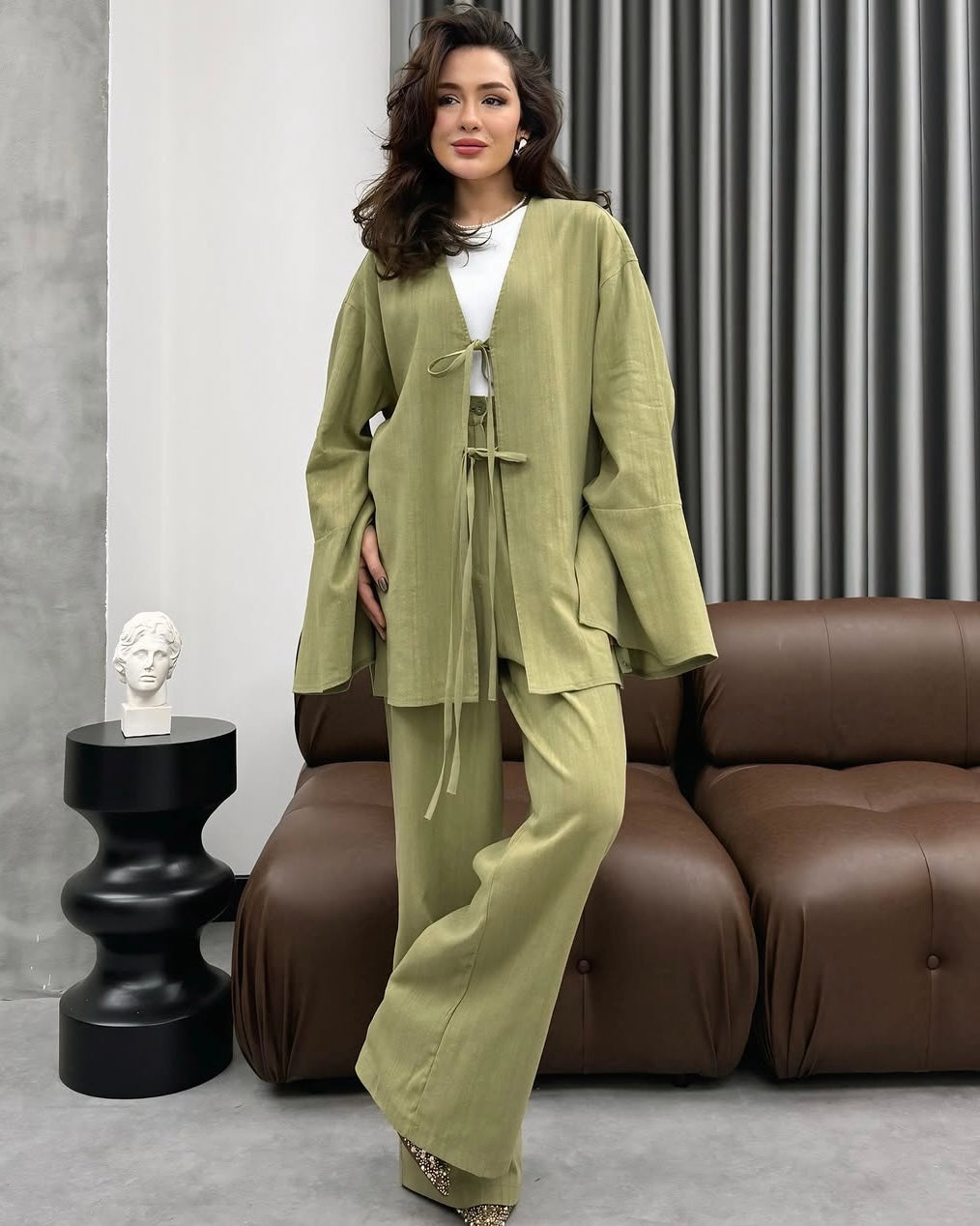 Pistachio Tie Front Casual Set | طقم فستقي كاجوال برباط أمامي