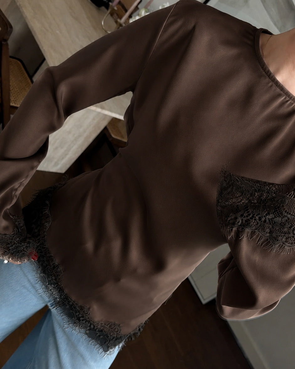 Elegant Chocolate Brown Satin Blouse with Lace Trim | بلوزة ساتان بنية أنيقة بتفاصيل دانتيل