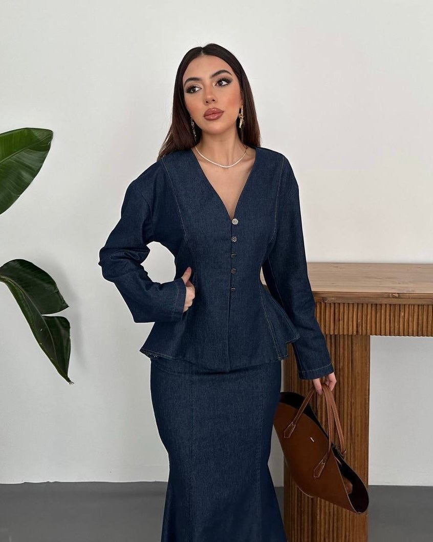 Tailored Top with Front Buttons and a Long Skirt | طقم بلوزة مفصلة وتنورة طويلة