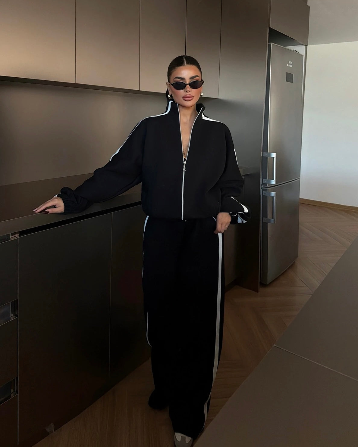 Black Two-Piece Set with white Stripes