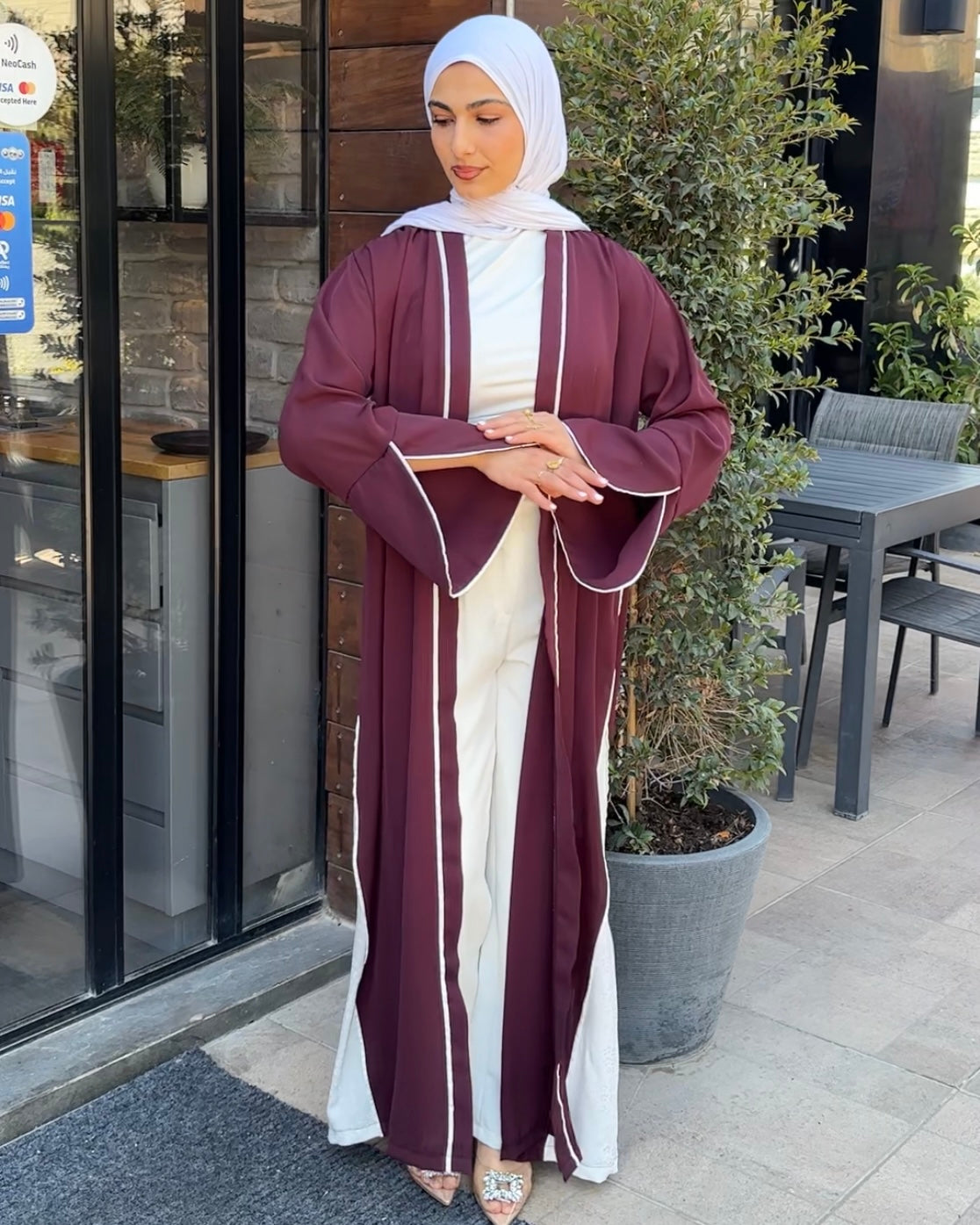Elegant Maroon Abaya with Floral White Details | عباية أنيقة باللون الخمري مزينة بتفاصيل ورود بيضاء