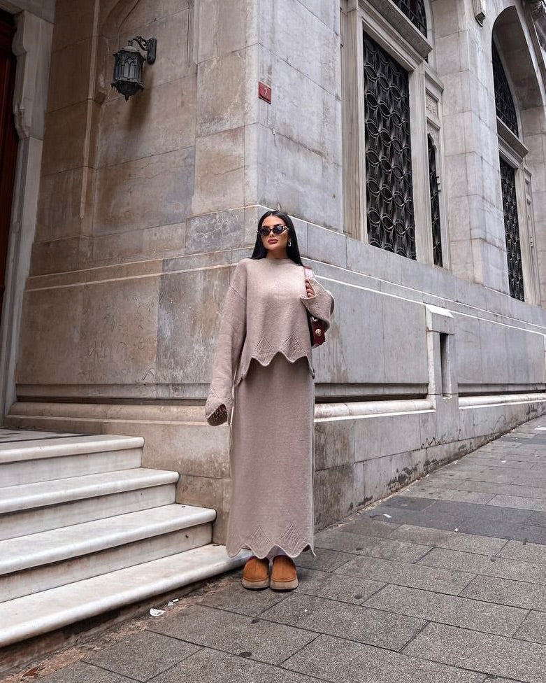 Khaki Knit Set with Wavy Hem Details