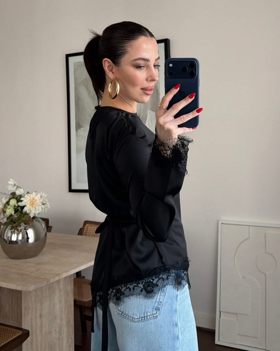 Elegant Black Satin Blouse with Lace Trim | بلوزة ساتان سوداء أنيقة بتفاصيل دانتيل