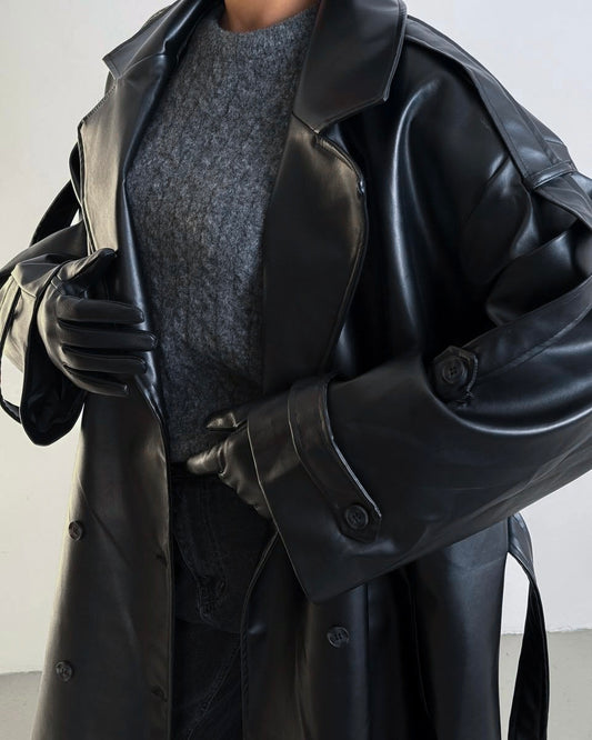 Black Leather Trench Coat | جاكيت جلد أسود ترنش