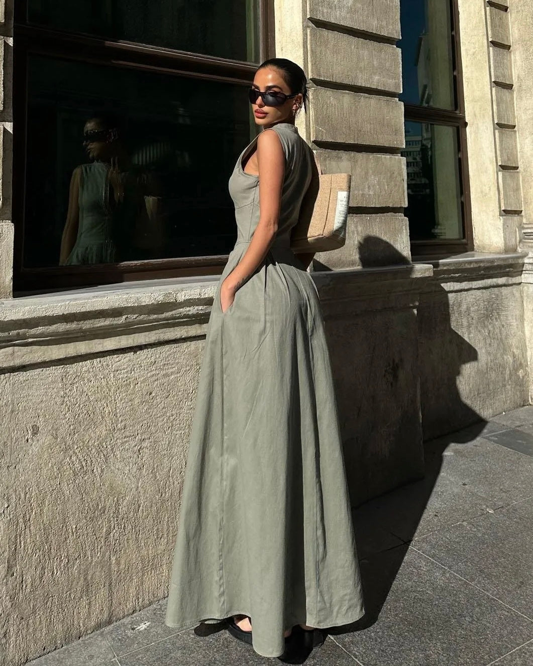 Elegant Muted Green Zip Dress | فستان زيتي أنيق بسحّاب أمامي