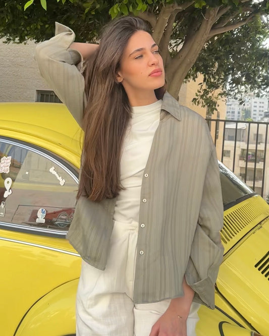 Casual Pistachio Green Striped Shirt | قميص كاجوال مخطط باللون الفستقي