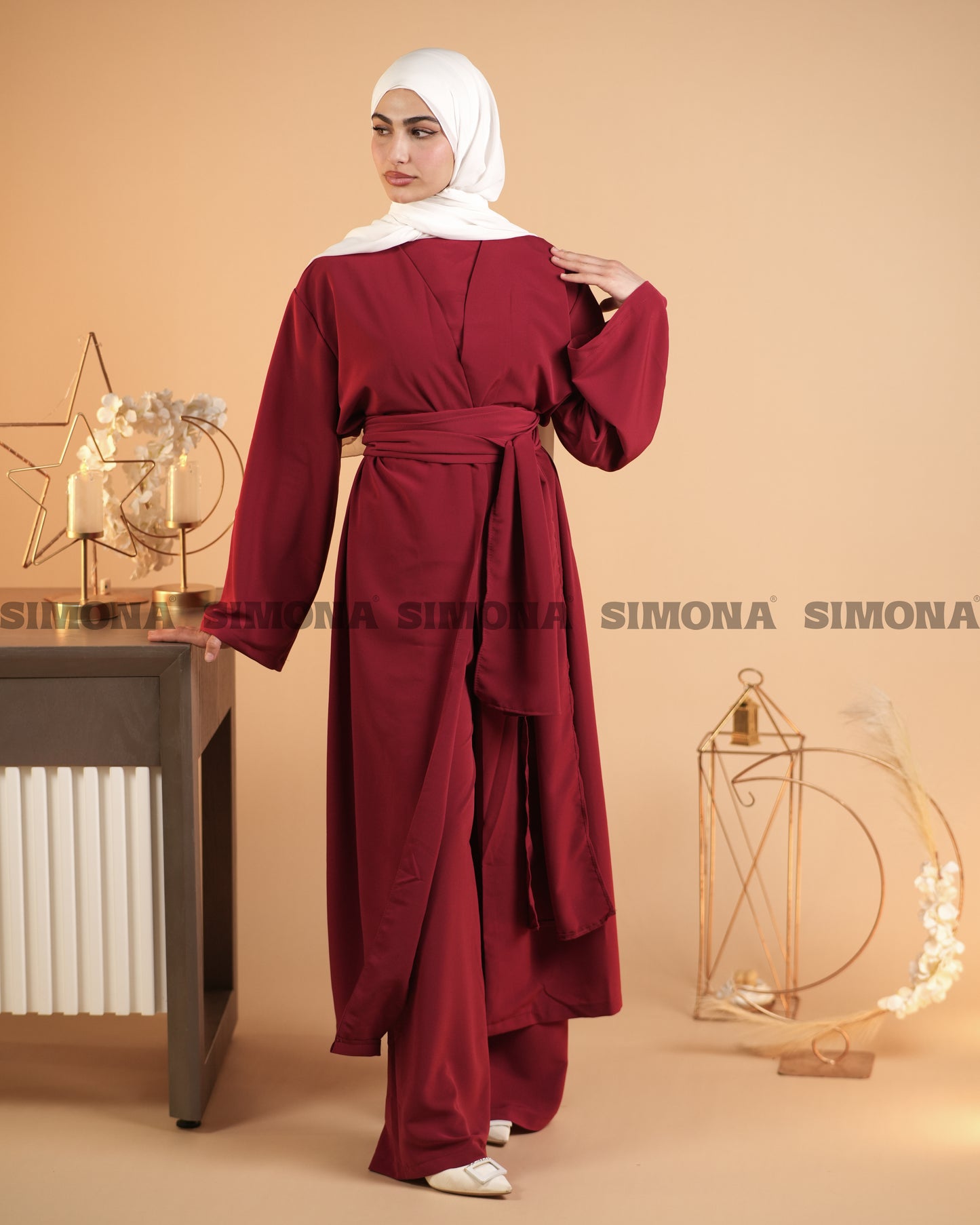 Maroon Elegant 3 Piece Abaya | طقم انيق 3 قطع باللون الخمري