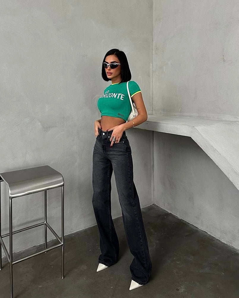 Black Straight Leg High-Waisted Jeans | جينز أسود واسع بخصر عالي