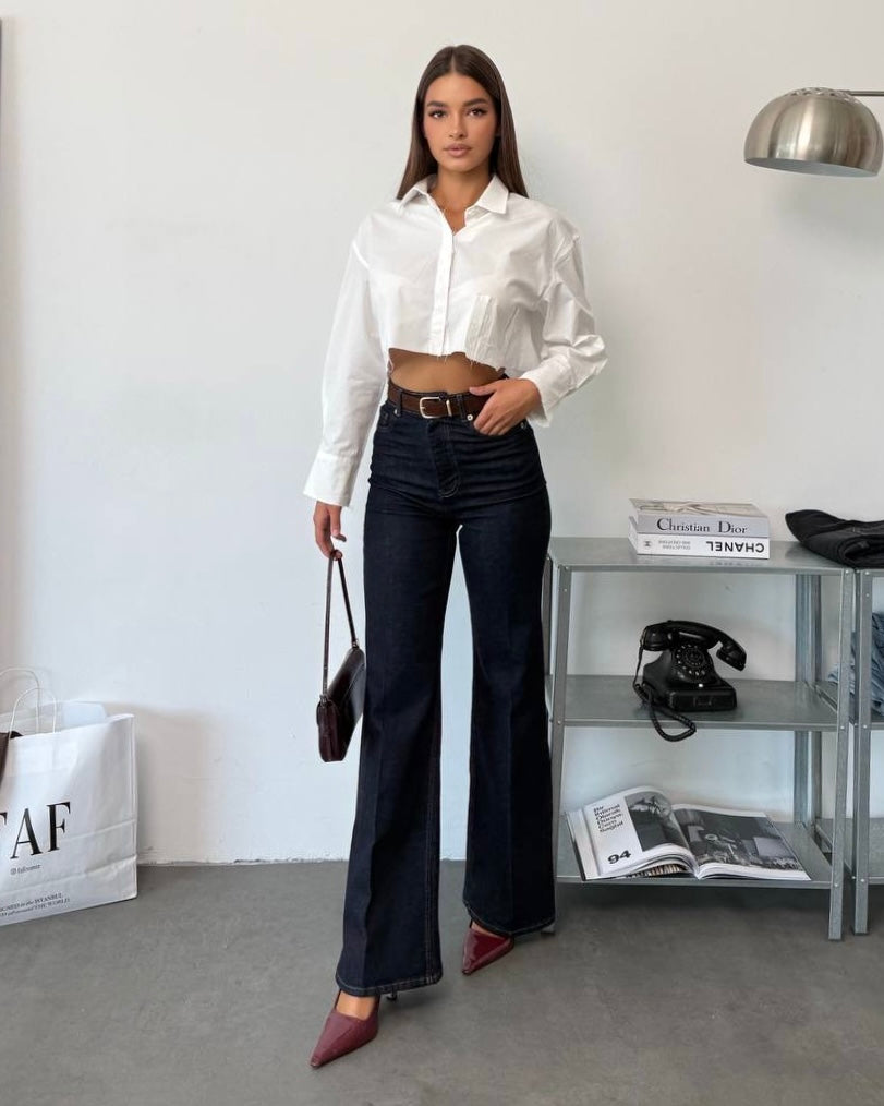 High-Waisted Wide-Leg Denim Jeans with Brown Suede Belt | جينز بخصر عالي بني وقصة واسعة مع حزام سويد
