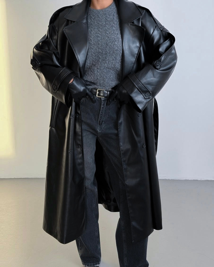 Black Leather Trench Coat | جاكيت جلد أسود ترنش