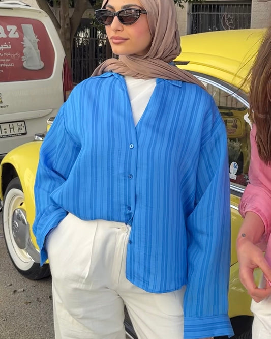 Casual Vibrant Blue Striped Shirt | قميص كاجوال مخطط باللون الازرق