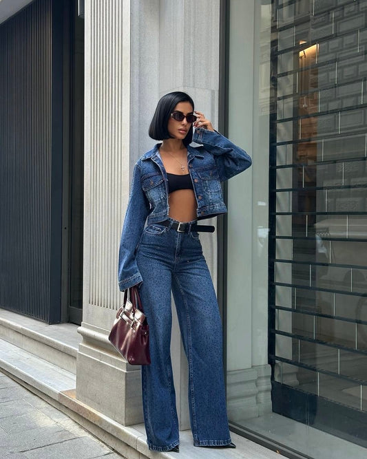 Rhinestone Denim Cropped Jacket & High-Waisted Wide-Leg Jeans | طقم دنيم مرصع بالراين ستون جاكيت كروب مع جينز واسع عالي الخصر