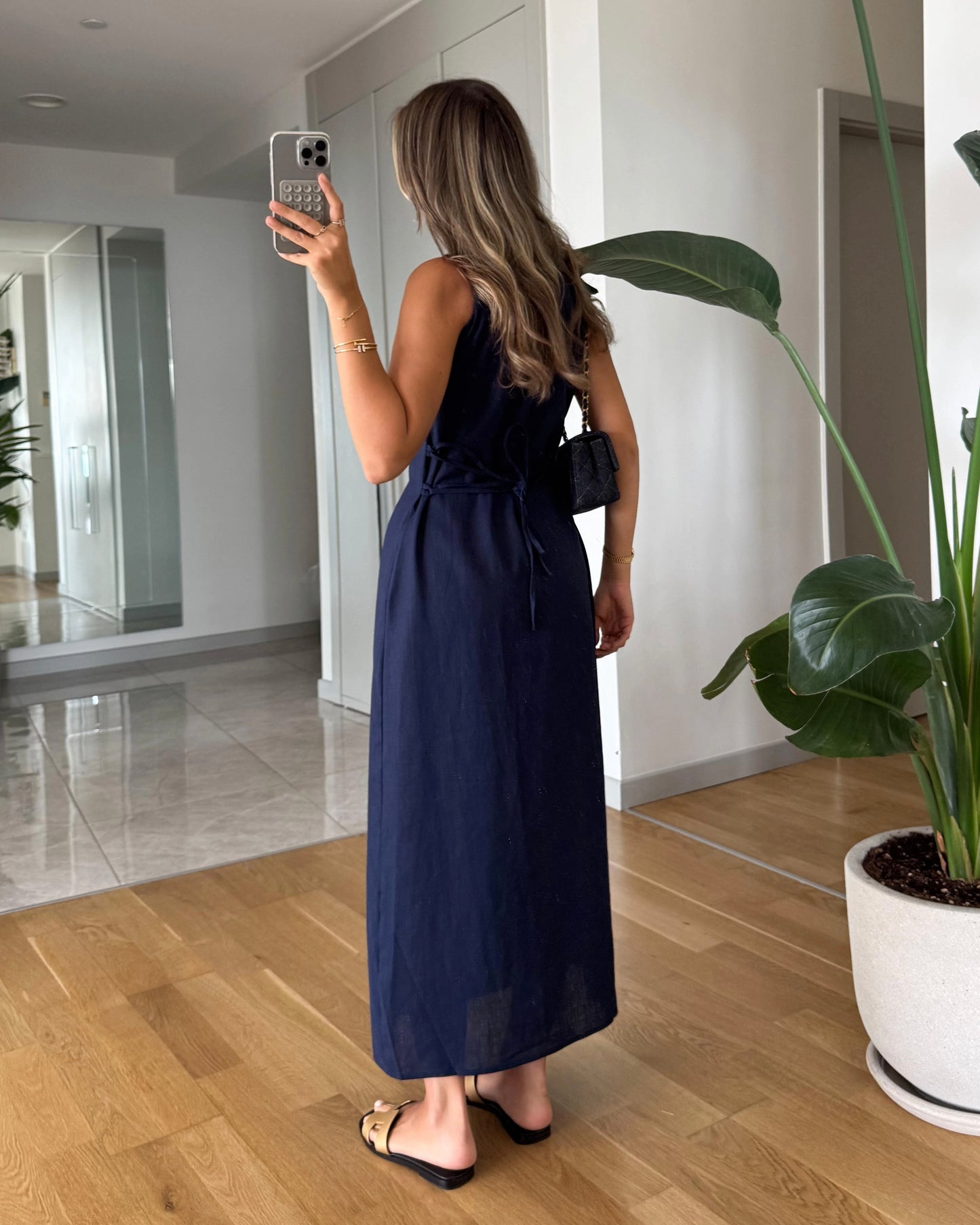 Navy Button-Down Linen Dress with Back Tie | فستان كتان كحلي بأزرار أمامية وربطة من الخلف