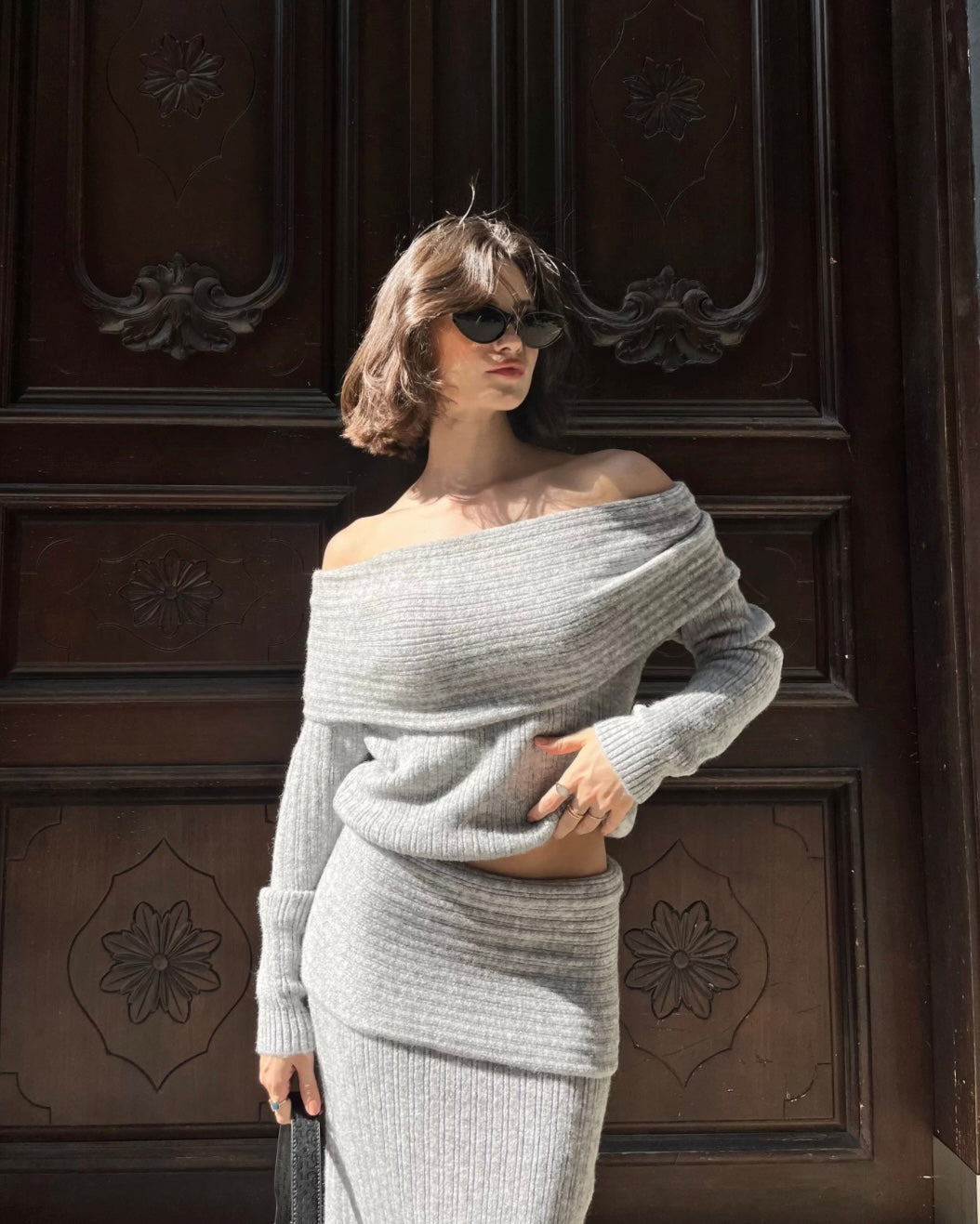 Gray Off-Shoulder Two-Piece Set