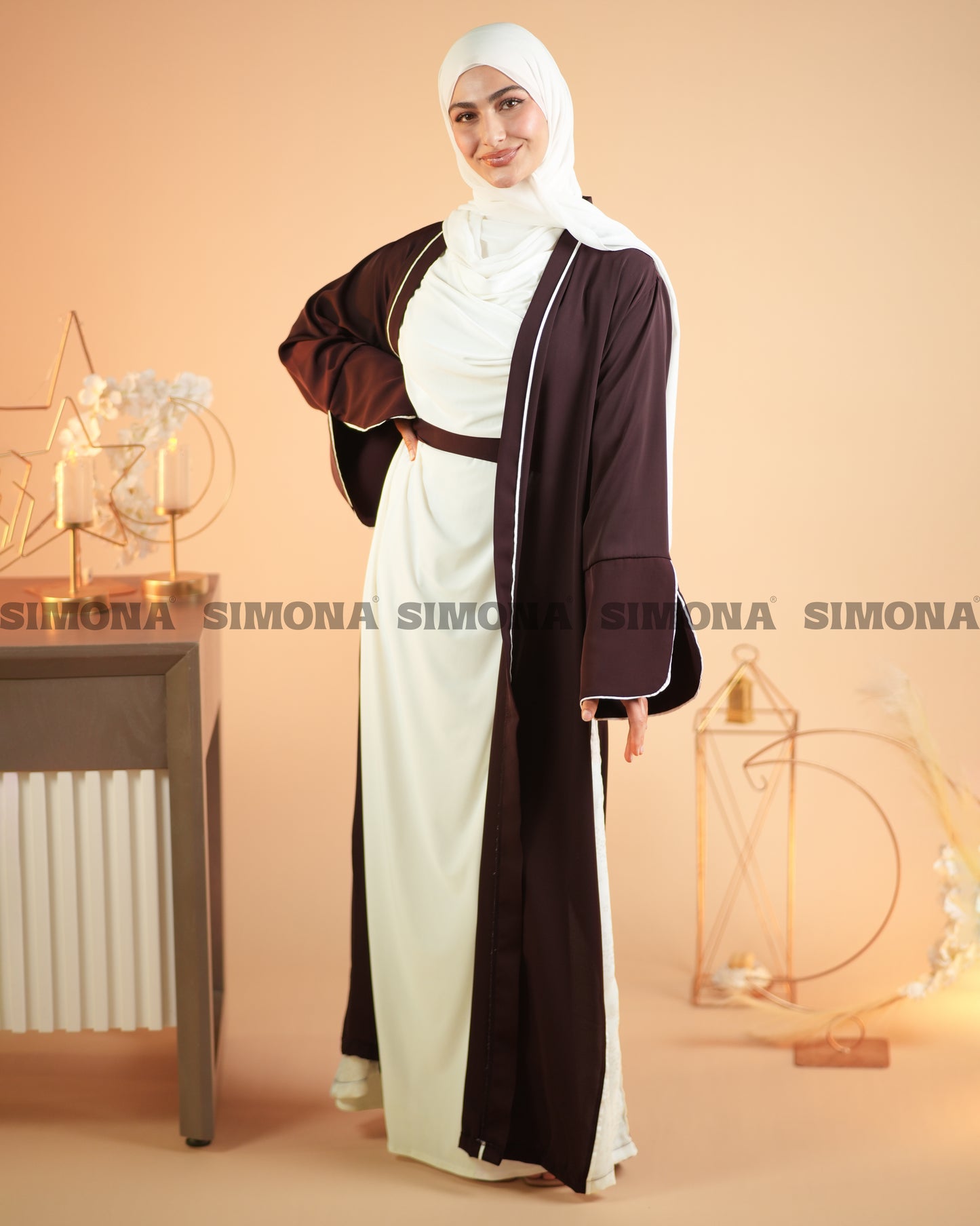 Elegant Maroon Abaya with Floral White Details | عباية أنيقة باللون الخمري مزينة بتفاصيل ورود بيضاء