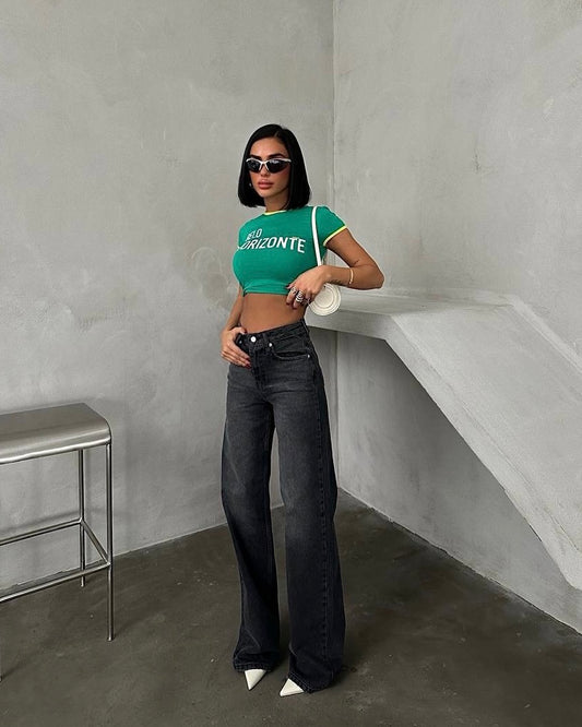 Black Straight Leg High-Waisted Jeans | جينز أسود واسع بخصر عالي