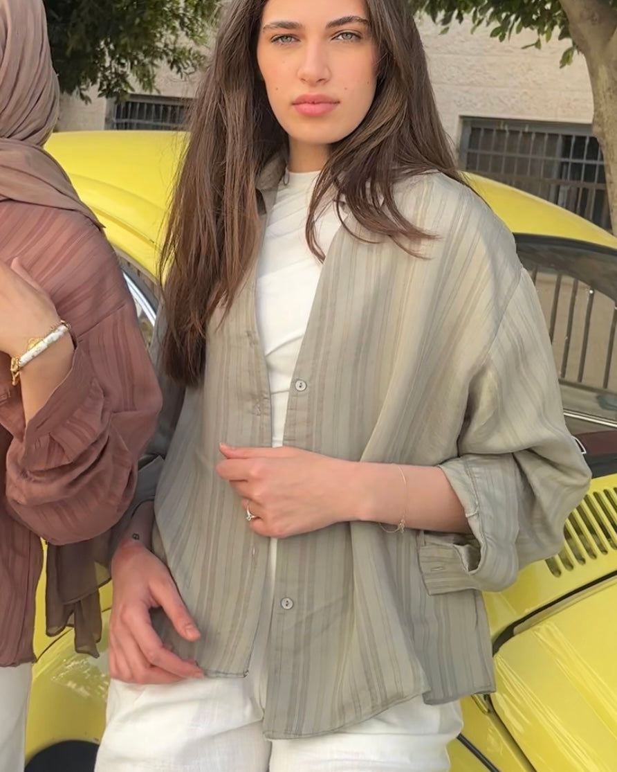 Casual Pistachio Green Striped Shirt | قميص كاجوال مخطط باللون الفستقي