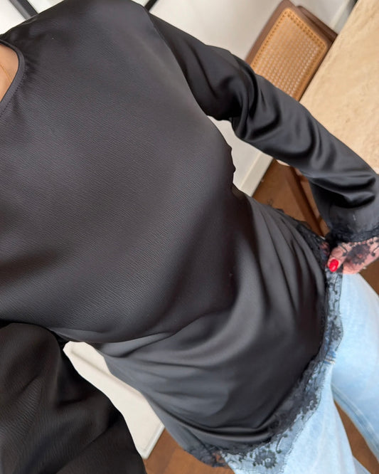 Elegant Black Satin Blouse with Lace Trim | بلوزة ساتان سوداء أنيقة بتفاصيل دانتيل