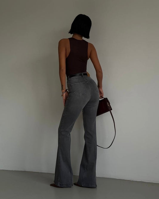 Grey High-Waist Flared Denim Jeans | جينز شارلستون رمادي بخصر عالٍ