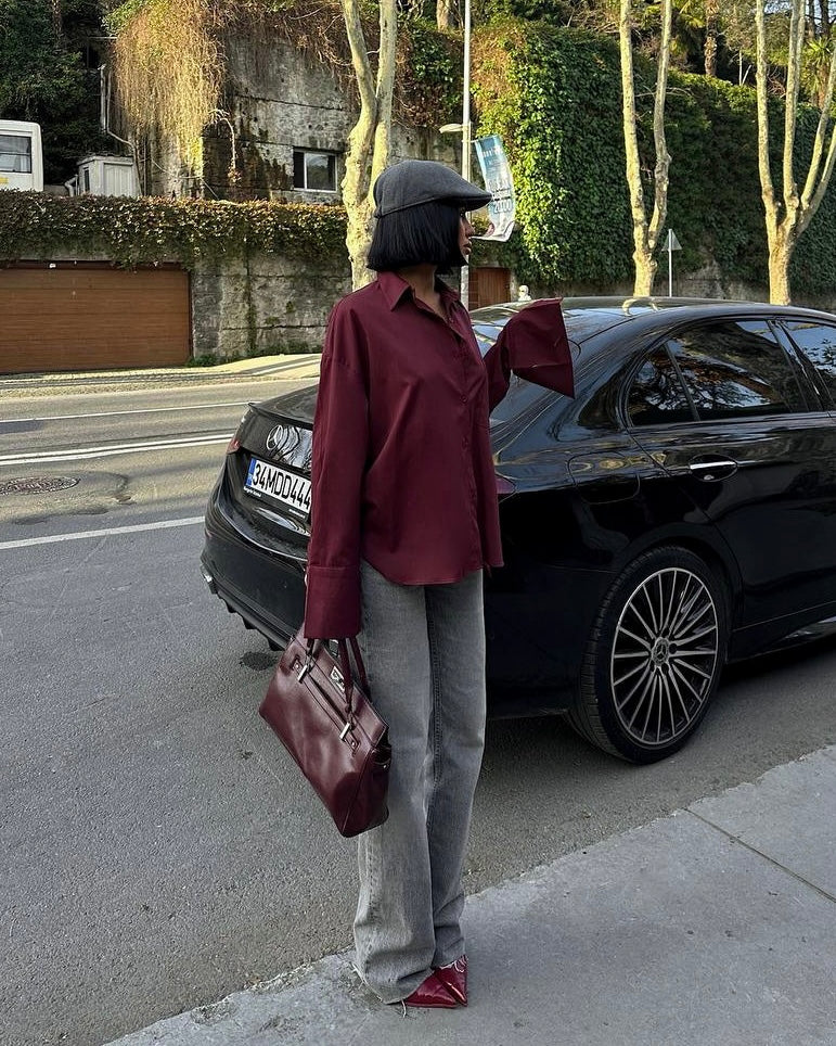 Burgundy Button-Up Shirt | قميص بأزرار أمامية بلون البيرغندي