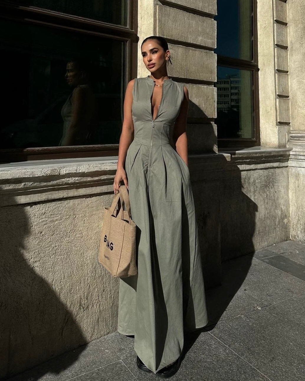 Elegant Muted Green Zip Dress | فستان زيتي أنيق بسحّاب أمامي