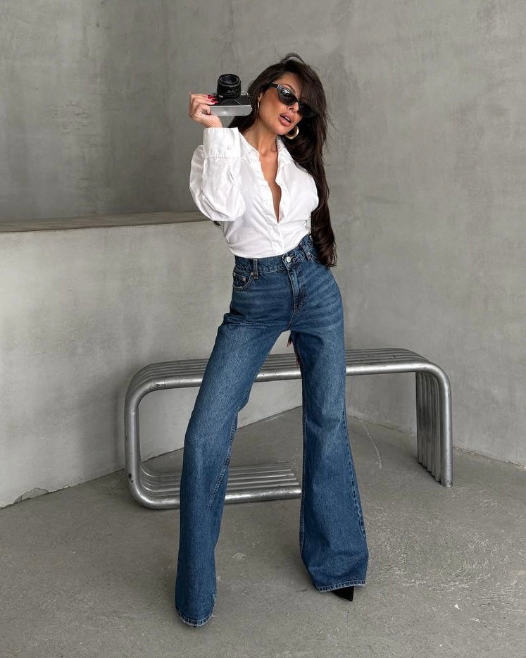 Dark Wash High Waisted Flare Denim Jeans | جينز غامق بخصر عالي قصة شارليستون
