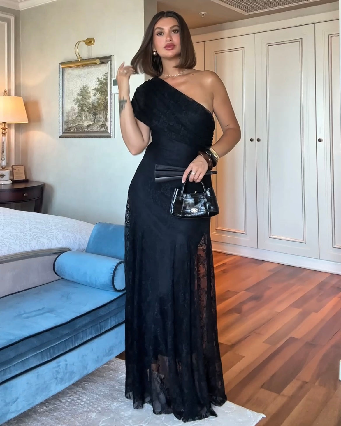 Elegant One-Shoulder Lace Maxi Dress | فستان ماكسي دانتيل بكتف واحد
