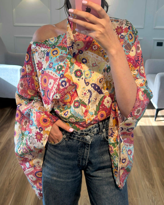 Colorful Floral One-Shoulder Blouse with Neck Scarf | بلوزة ملونة بنقشة زهور مع شال