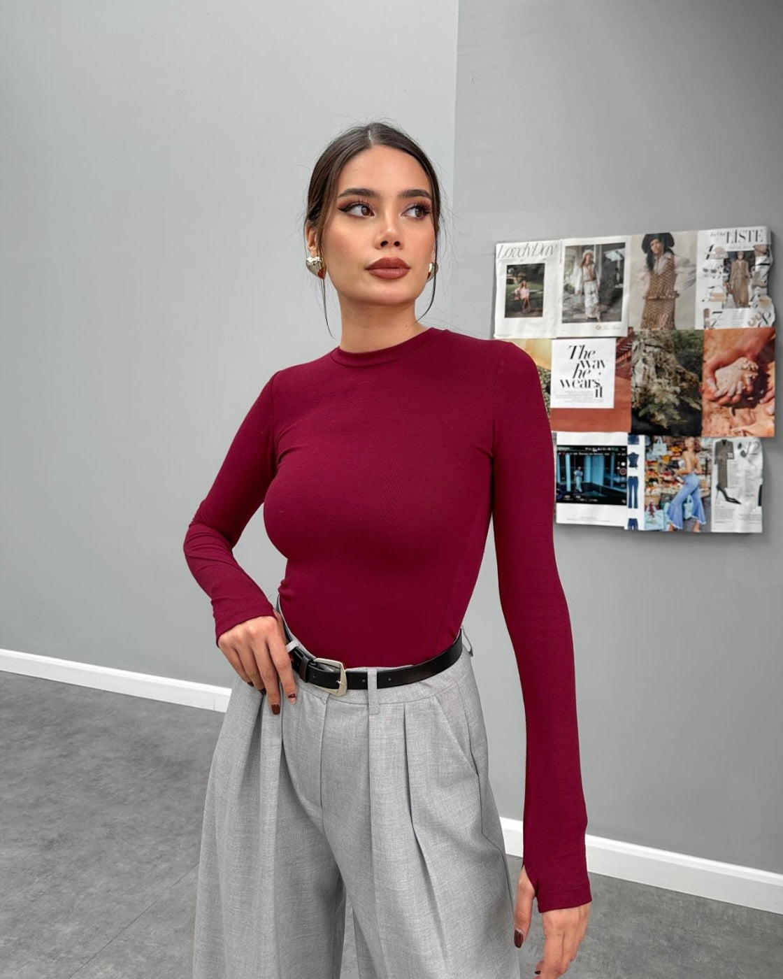 Burgundy Long-Sleeve Top | بلوزة خمرية بأكمام طويلة