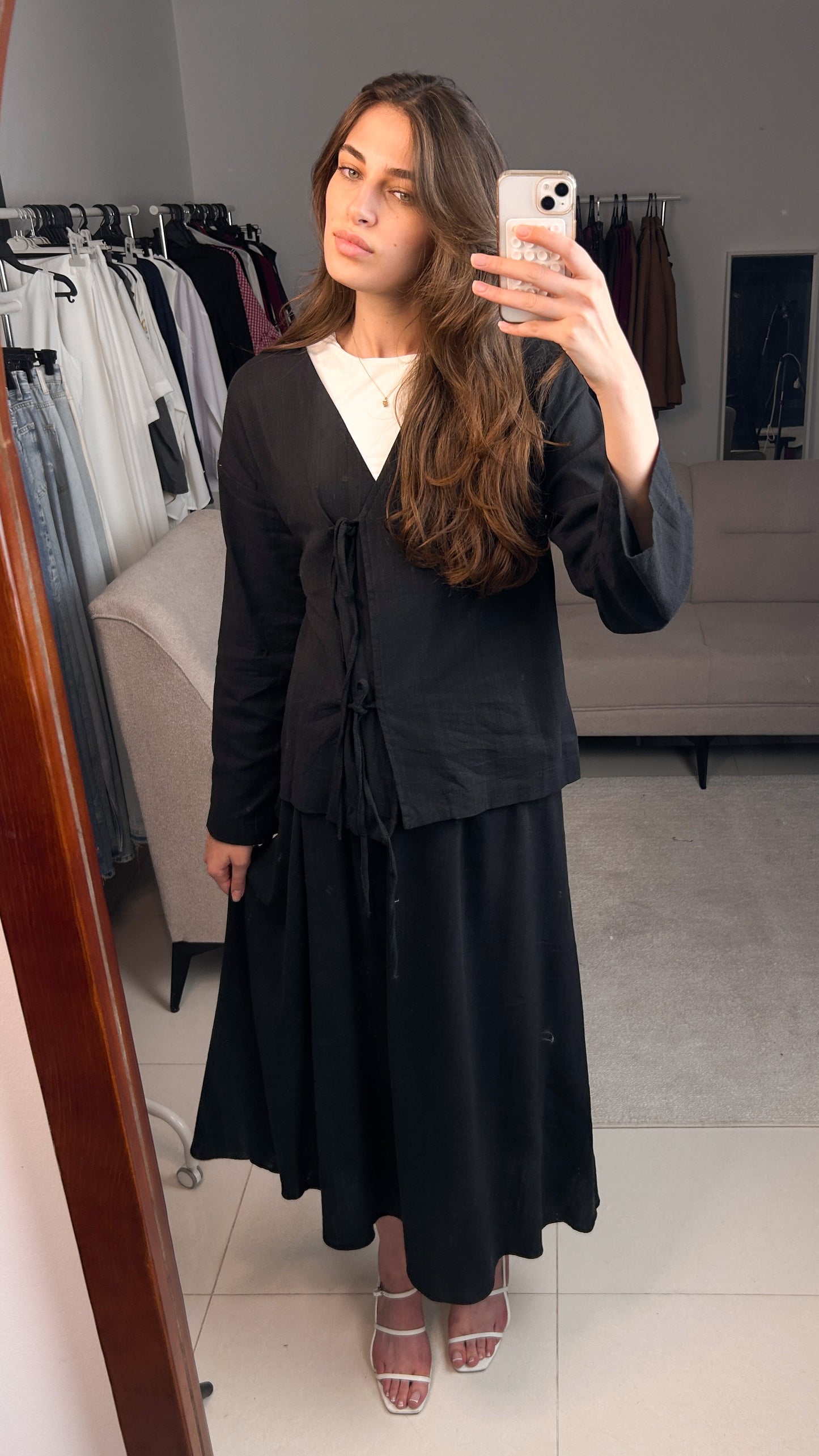 Black Linen Front-Tie Co-Ord Set | طقم كتان اسود بربطات أمامية