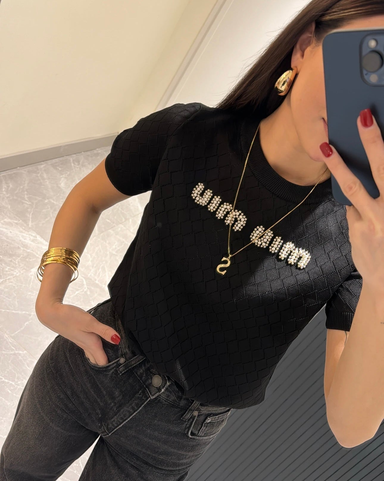 MIU MIU שחור פנינה טופ שרוול קצר