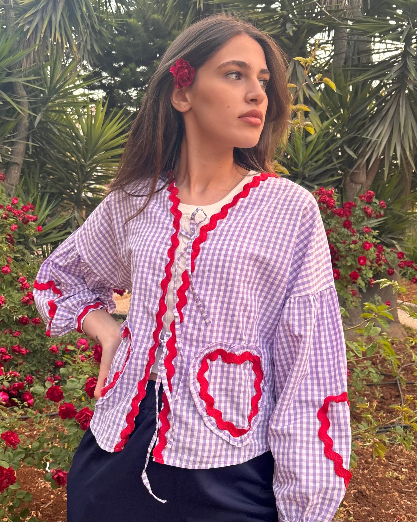 Blouse With a Purple Gingham Pattern & Heart Details | بلوزة بنقشة مربعات باللون الأرجواني وتفاصيل قلب