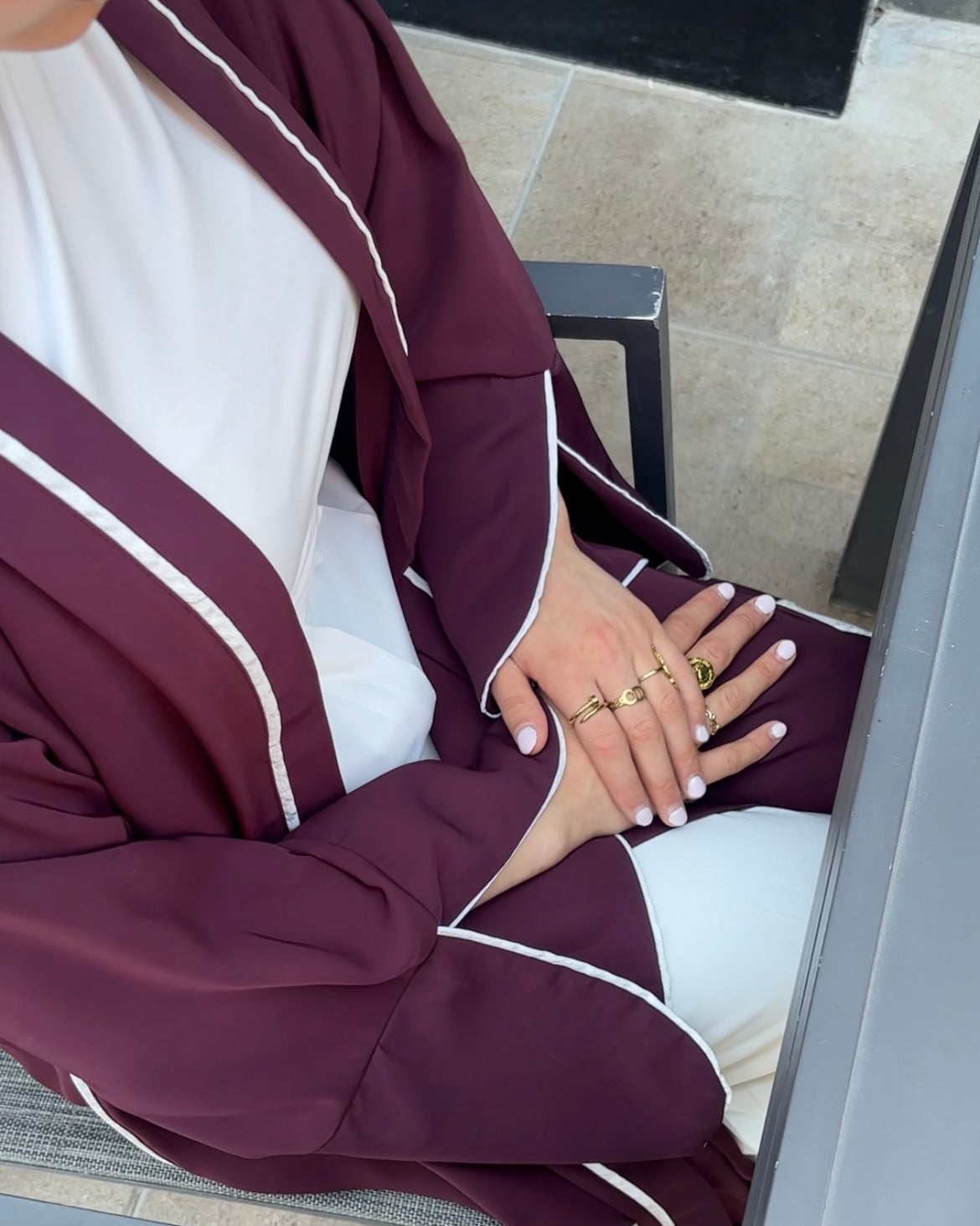 Elegant Maroon Abaya with Floral White Details | عباية أنيقة باللون الخمري مزينة بتفاصيل ورود بيضاء