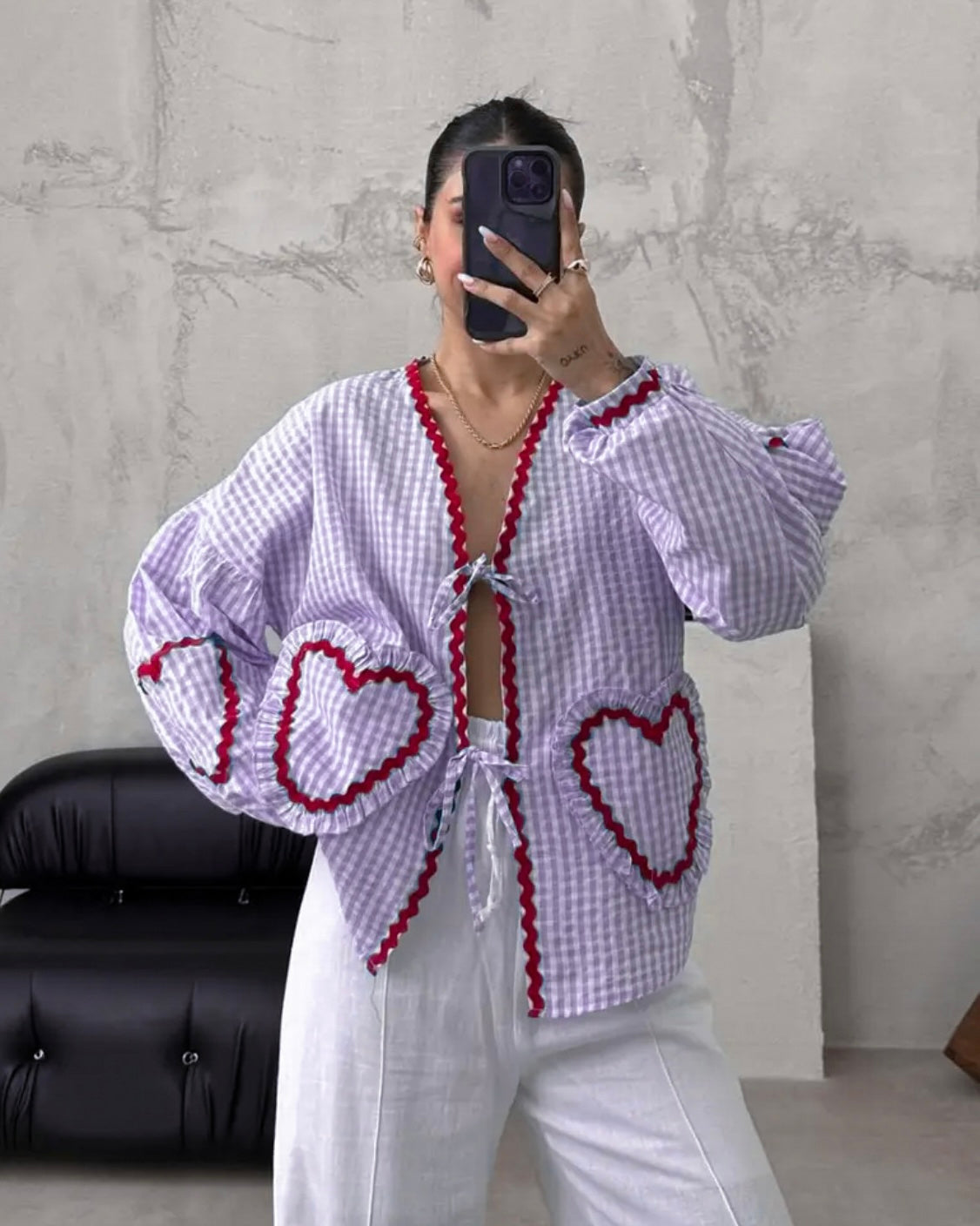 Blouse With a Purple Gingham Pattern & Heart Details | بلوزة بنقشة مربعات باللون الأرجواني وتفاصيل قلب