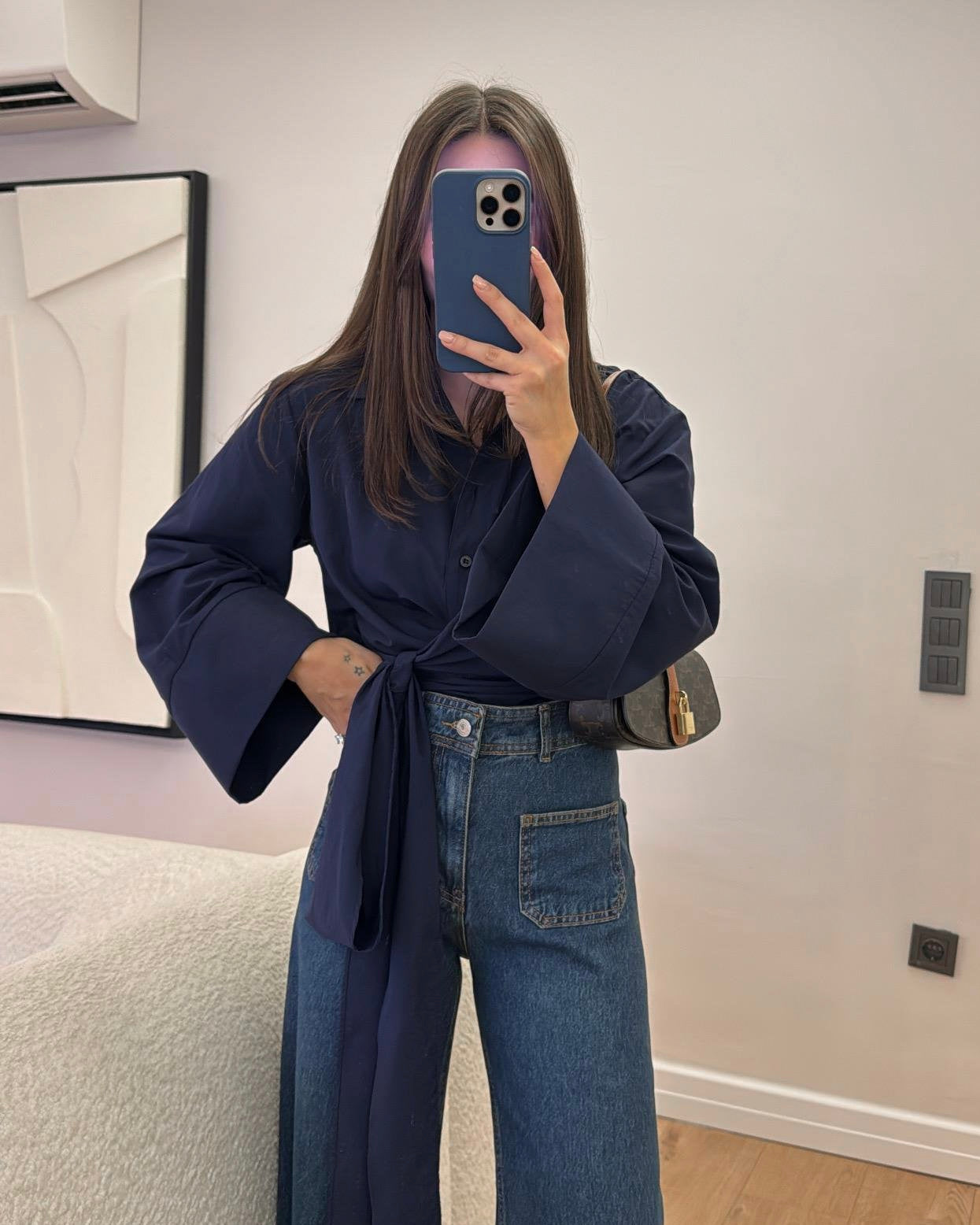 Navy Side Knot Wrap Top | توب كحلي ناعم بقصة لف وربطة جانبية