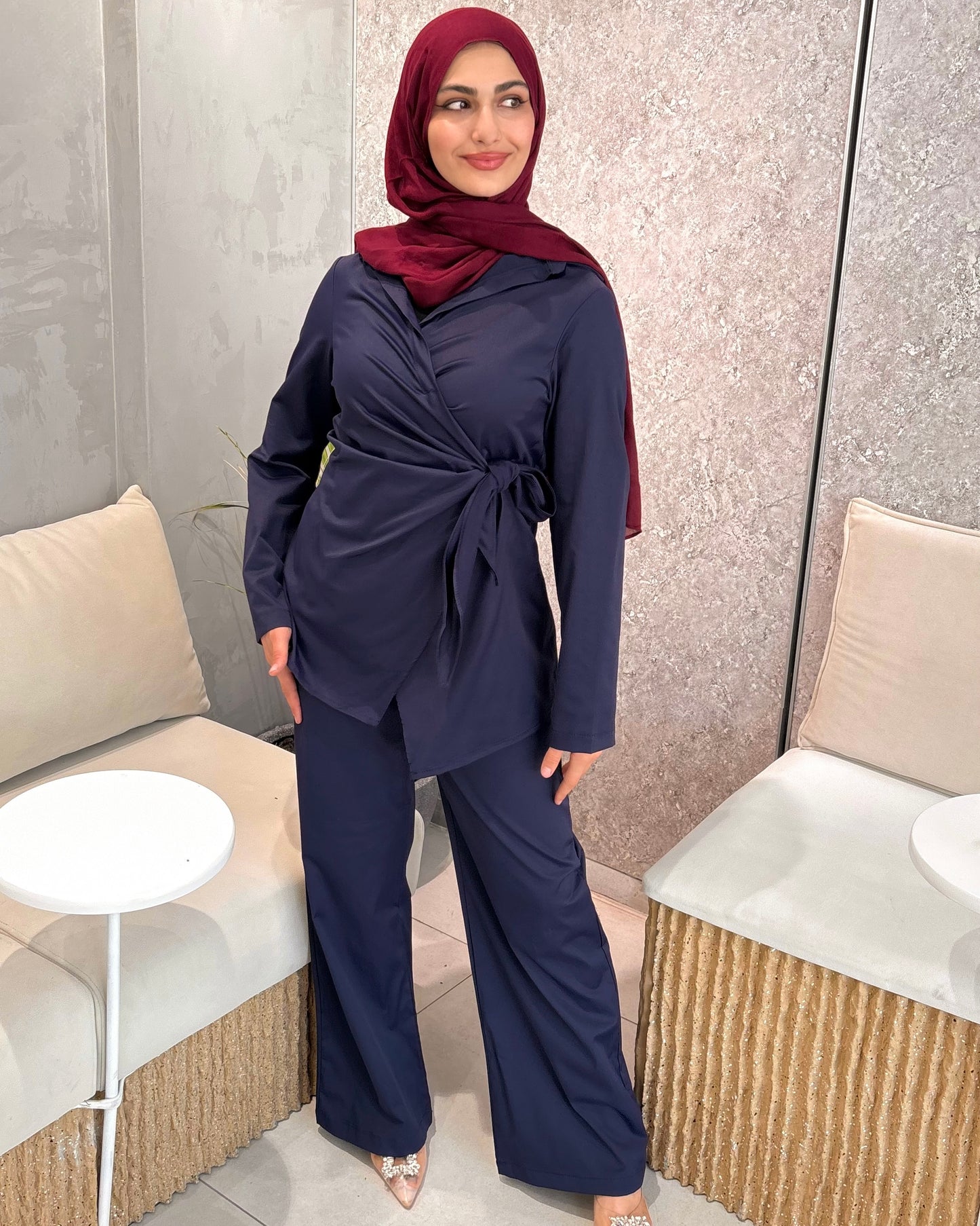 Navy Wrap Blouse and Wide-Leg Pants Set | طقم بلوزة لفّ باللون الكحلي مع بنطال واسع