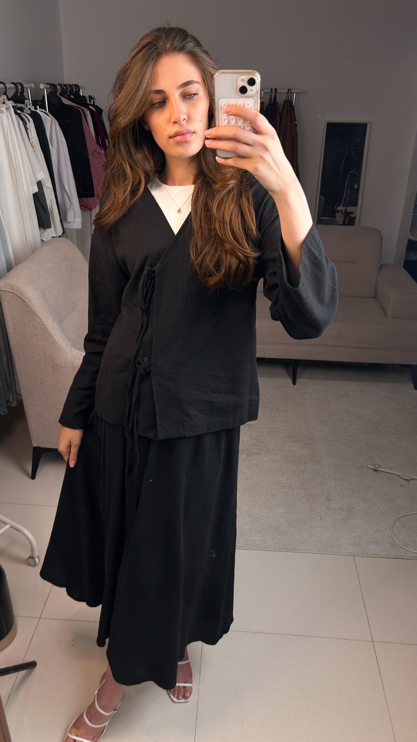 Black Linen Front-Tie Co-Ord Set | طقم كتان اسود بربطات أمامية